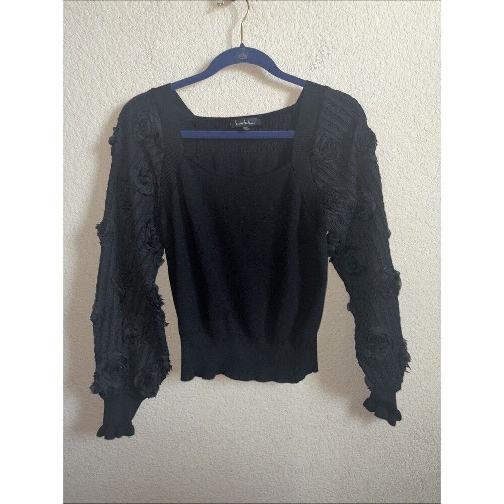 Square Neck Knit Sweater Balloon Sleeve Oblique Roses Embellishment L Fairy Goth